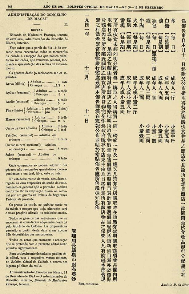 澳門市行政局刊登持券購買糧食的公佈,一九四一年。(陳樹榮提供)